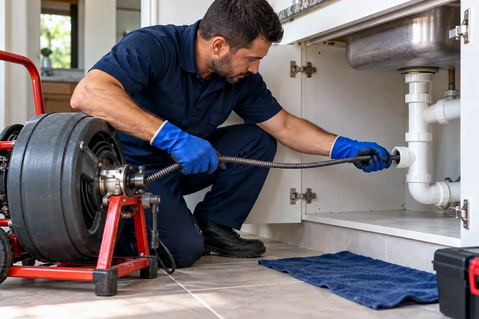 Profissional desentupindo tubulações em Erechim, utilizando equipamentos adequados.