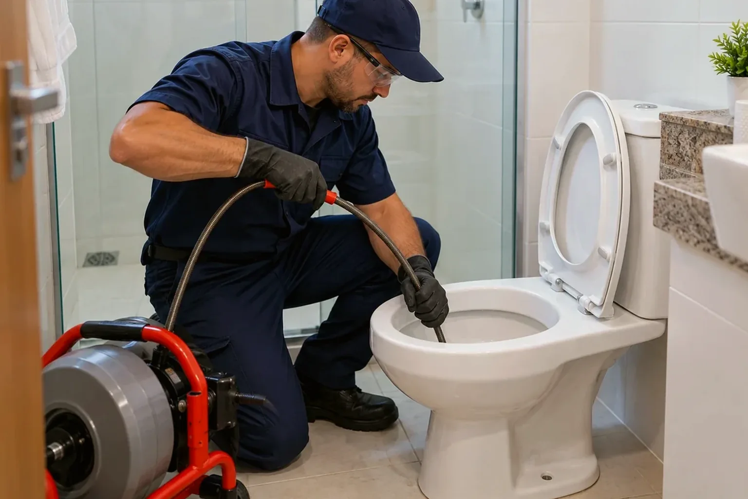 Profissional desentupindo um vaso sanitário em Erechim usando equipamento adequado.