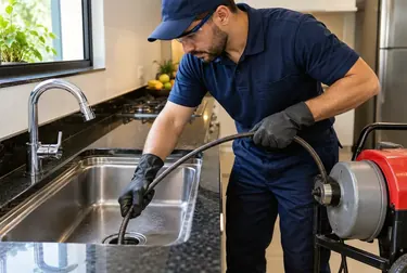 Profissional desentupindo uma pia com ferramentas adequadas em Erechim.