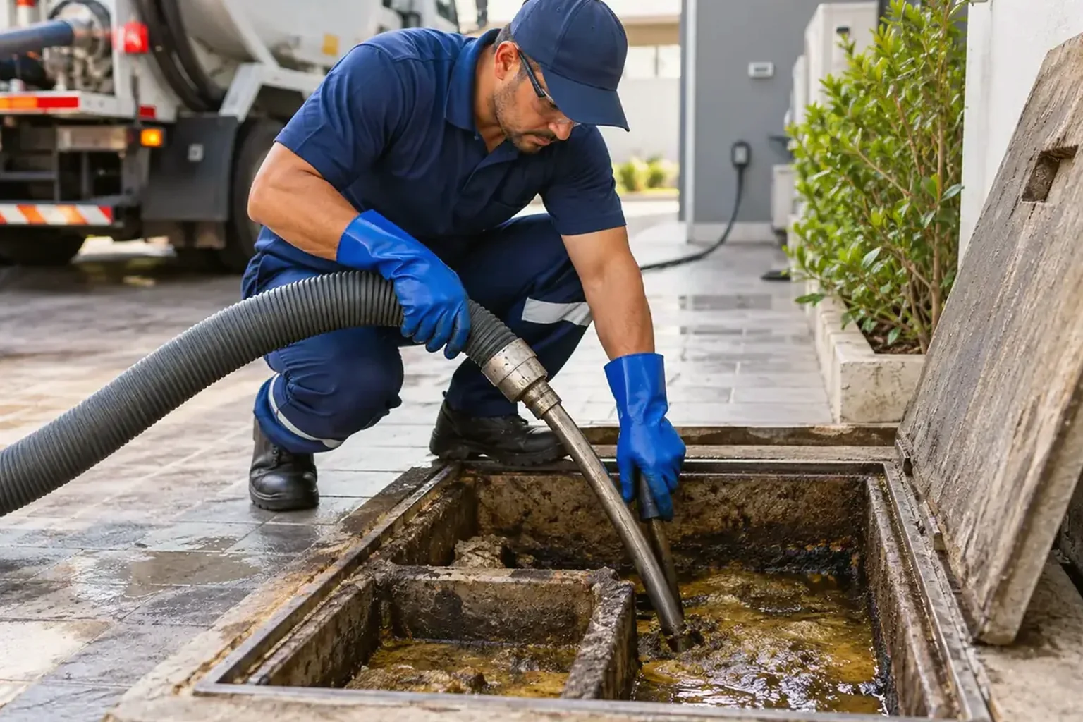 Profissional limpando caixa de gordura em Erechim, utilizando ferramentas adequadas.
