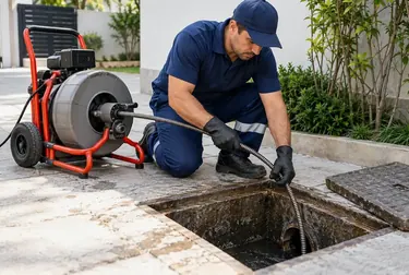 Técnico desentupindo esgoto com ferramentas específicas em Erechim.