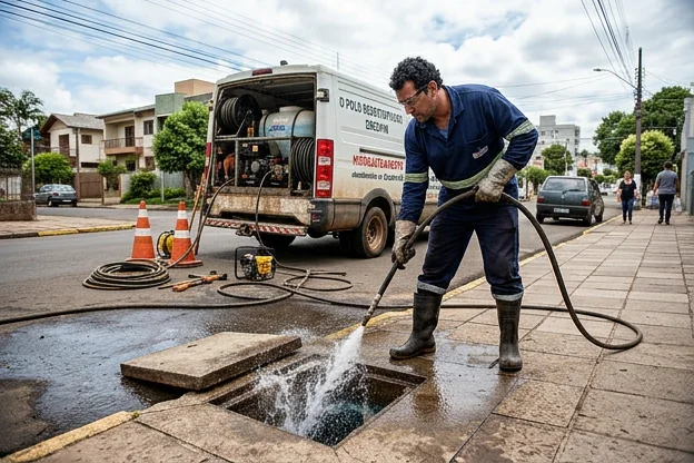 Técnico fazendo hidrojateamento de uma tubulação em Erechim.
