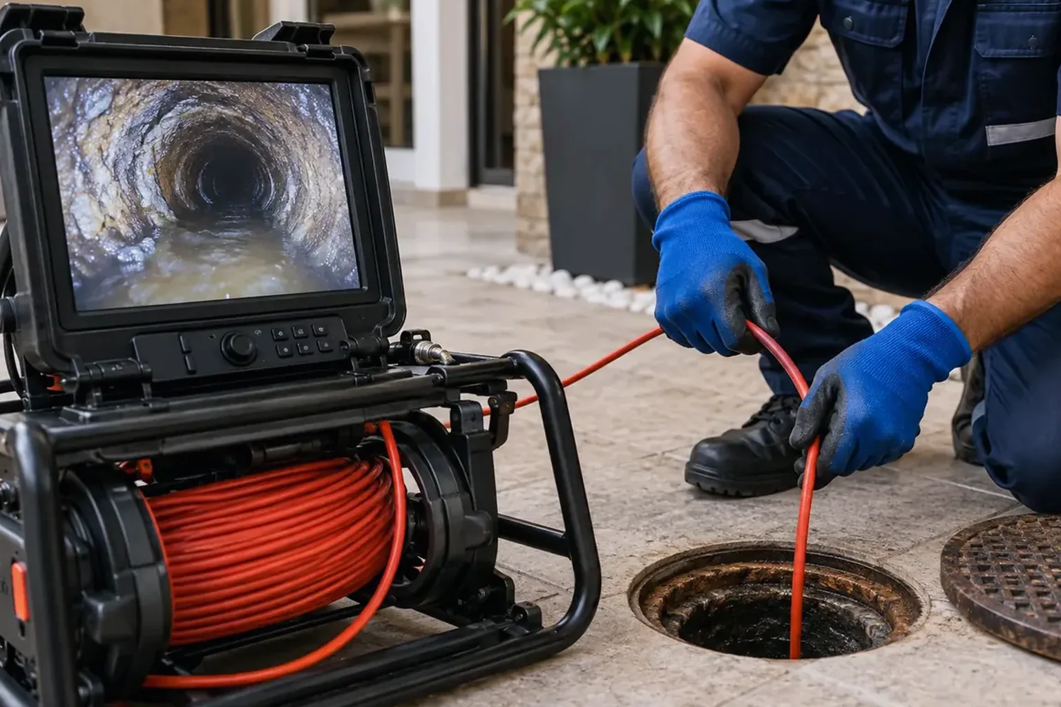 Técnico inspecionando tubulações com câmera em Erechim.