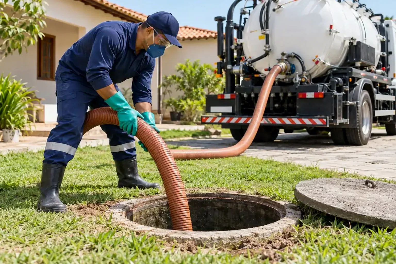 Técnico limpando fossa séptica em Erechim com equipamento especializado.