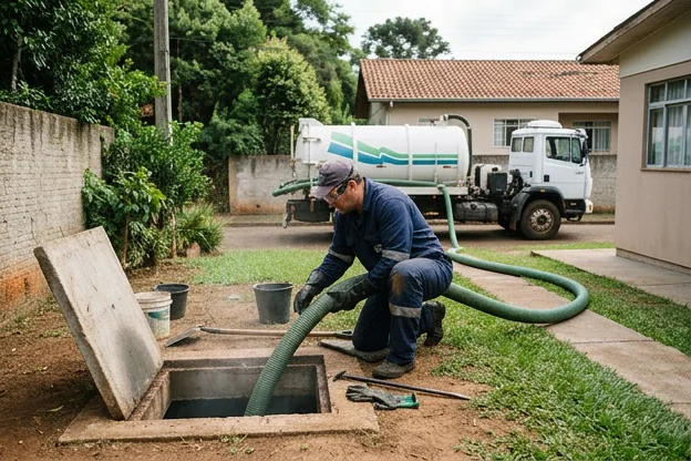 Técnico limpando fossa séptica em Erechim, utilizando equipamento especializado.