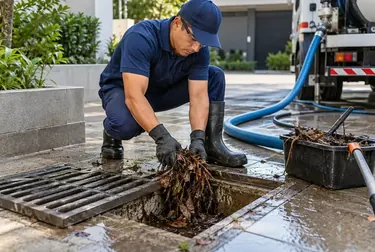Trabalhador desentupindo rede pluvial em Erechim com ferramentas específicas.