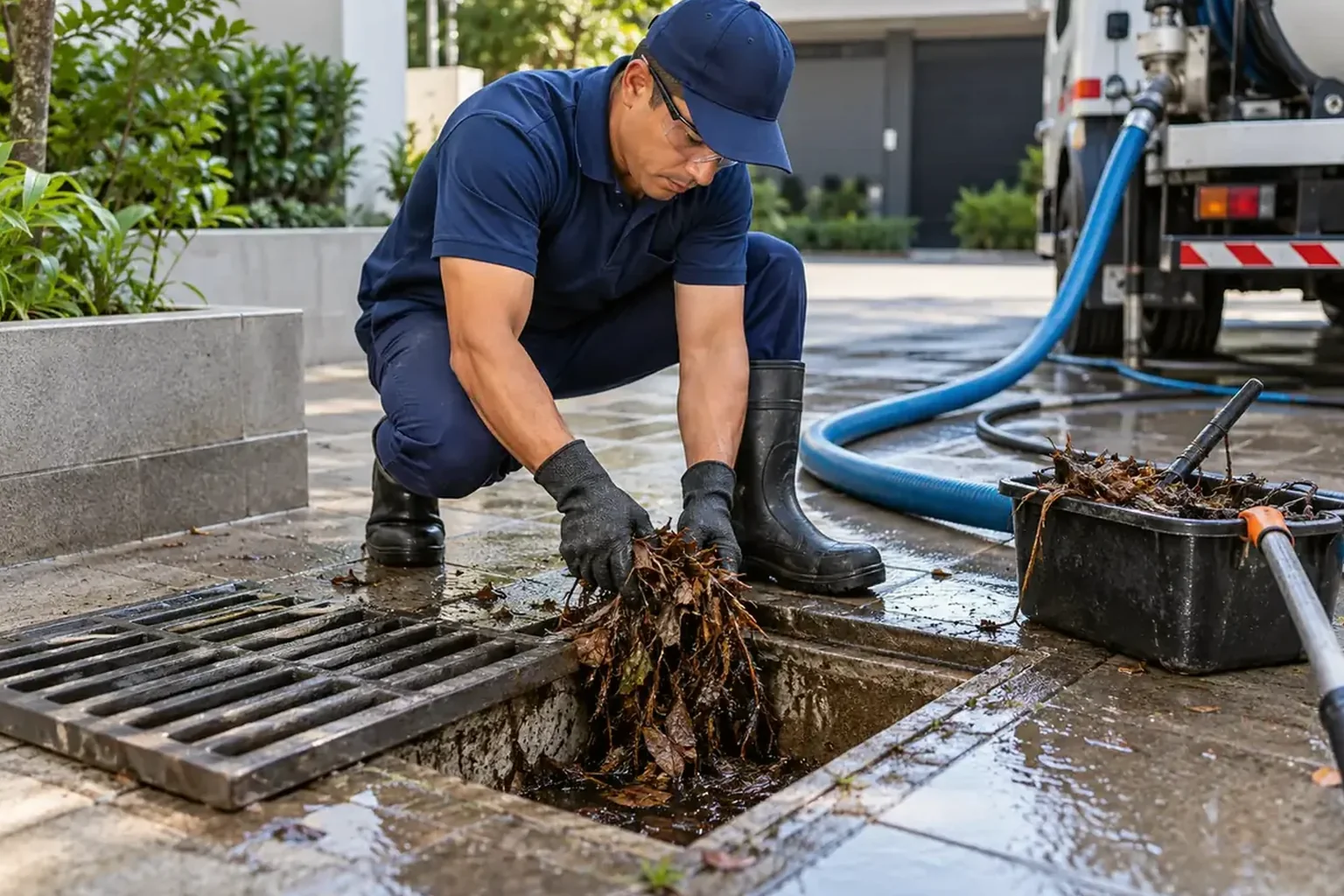 Trabalhador desentupindo rede pluvial em Erechim com ferramentas específicas.